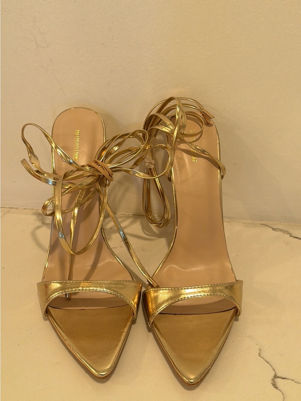 PrettyLittleThing Metallic Gold Lace-Up Stiletto Heels. NEW. Size 7